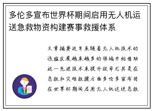 多伦多宣布世界杯期间启用无人机运送急救物资构建赛事救援体系